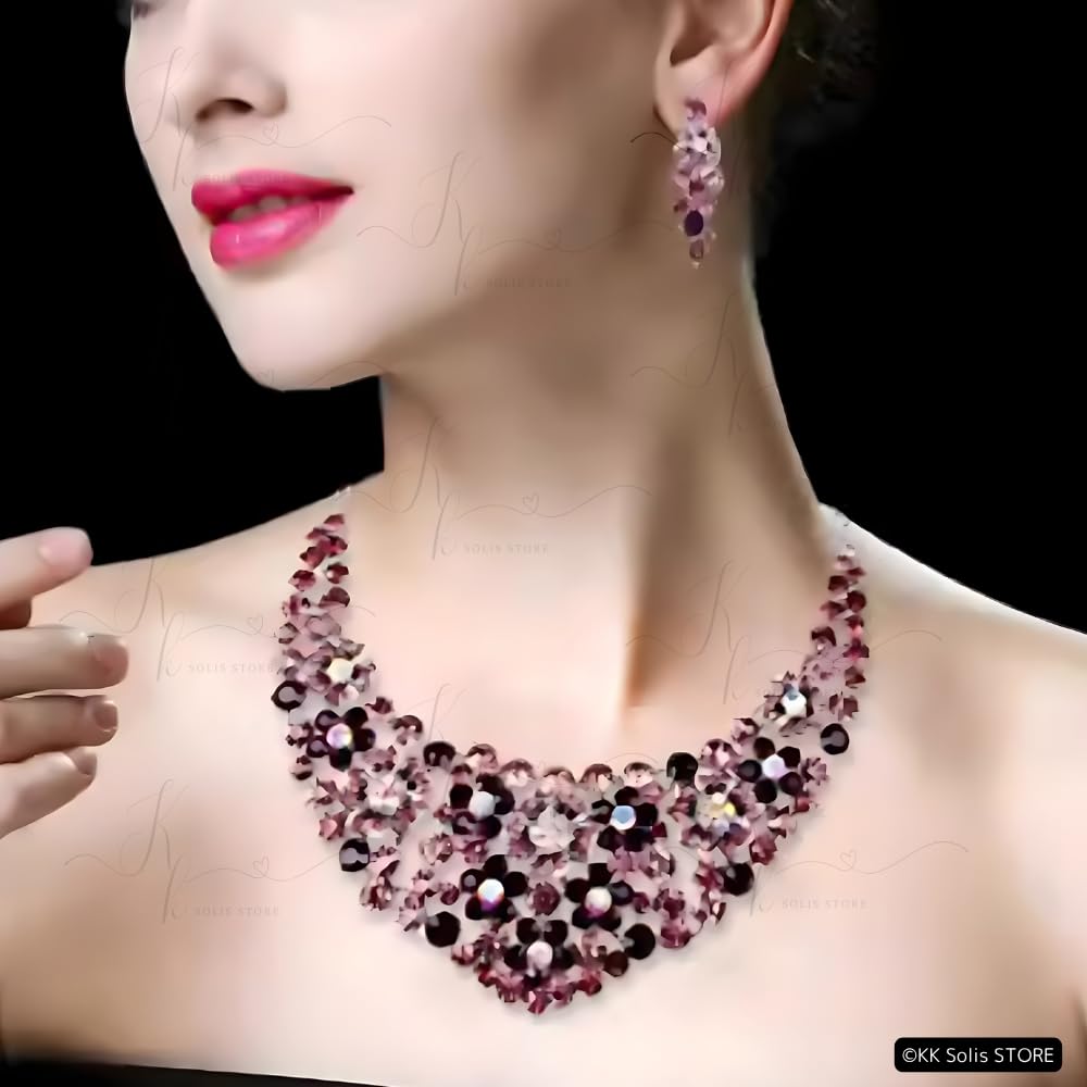 [KK Solis] Flower Luxury Rhinestone Necklace & EarringsClip-on Earrings Set  Bridal, Stage, Concert, Dance Accessories, Ballroom Dance, Belly Dance,