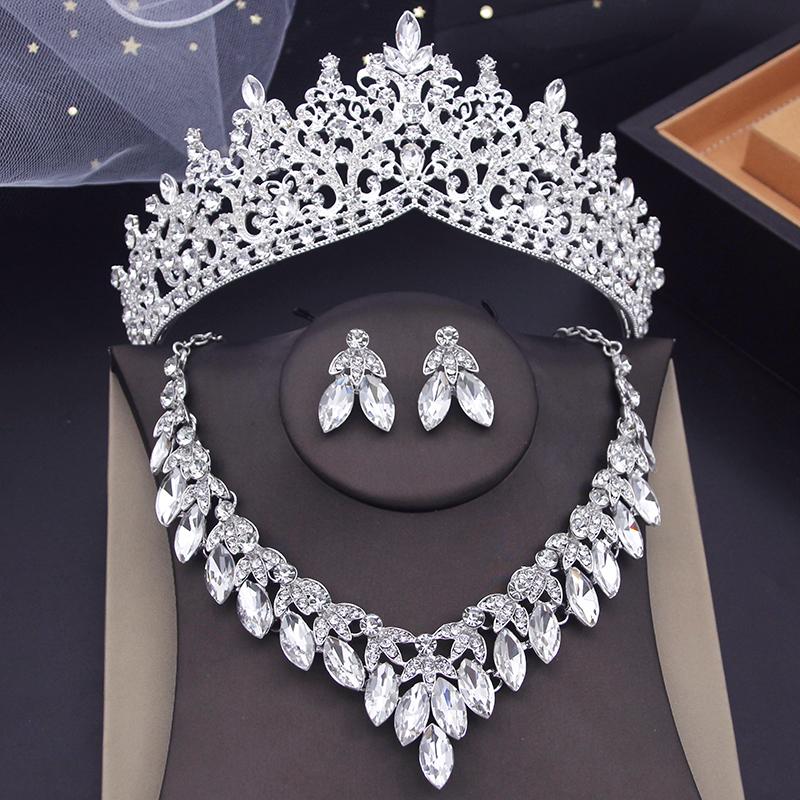 Luxury Green Crystal Flower Tiaras Crown Sets for Queen Pageant Necklace Earring Sets Wedding Dress Bridal Jewelry Set for Women