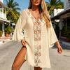 Cover Up Dress V-neck Long Sleeve Hollow Splicing Design Beach Cover Up Dress Pure Color Poolside Beachwear