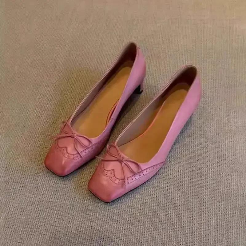 Fashion 2025Ballet High Heels Women Loafers Bow Square Toe Shoes Sandals Shallow Summer