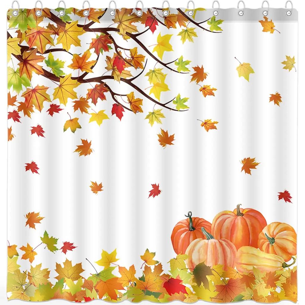 Fall Leaf Pumpkin Shower Curtain Autumn Maple Leaves Bathroom Curtain Thanksgiving Harvest Bath Curtain Rustic Farmhouse Decor
