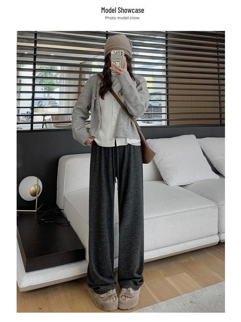 Damen Dunkelgraue Weiche Weitbeinige Klebreis-Hose - Frühling/Herbst Plus Samt Warm Lässig Petite Lange Hose.