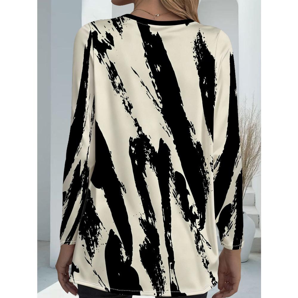 Women's Plus Size with Pocket Design Loose Abstract Printed Long Sleeve T-Shirt Women's Summer Fashion Versatile Top