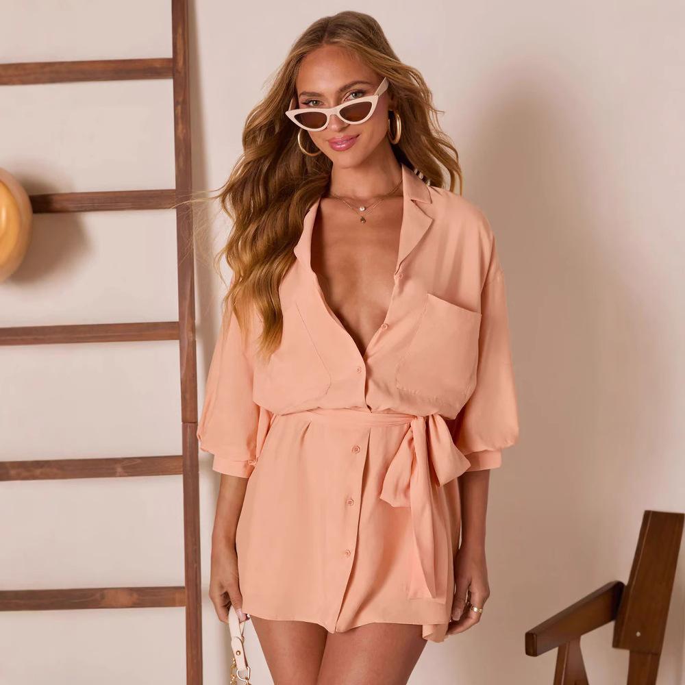 Amazon Europe and the United States autumn new fashion long-sleeved solid color strap temperament shirt dress