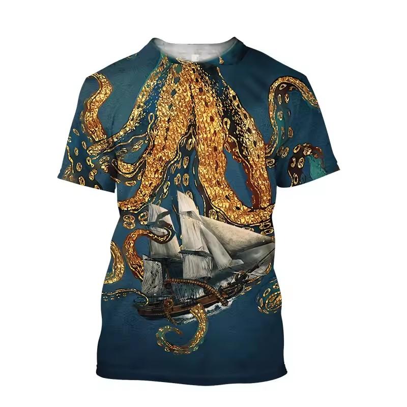 Men'S Summer 3d Printing Printed O-Collar Short Sleeve T-Shirt Ocean Octopus Art Personality Retro Plus Size Loose Top
