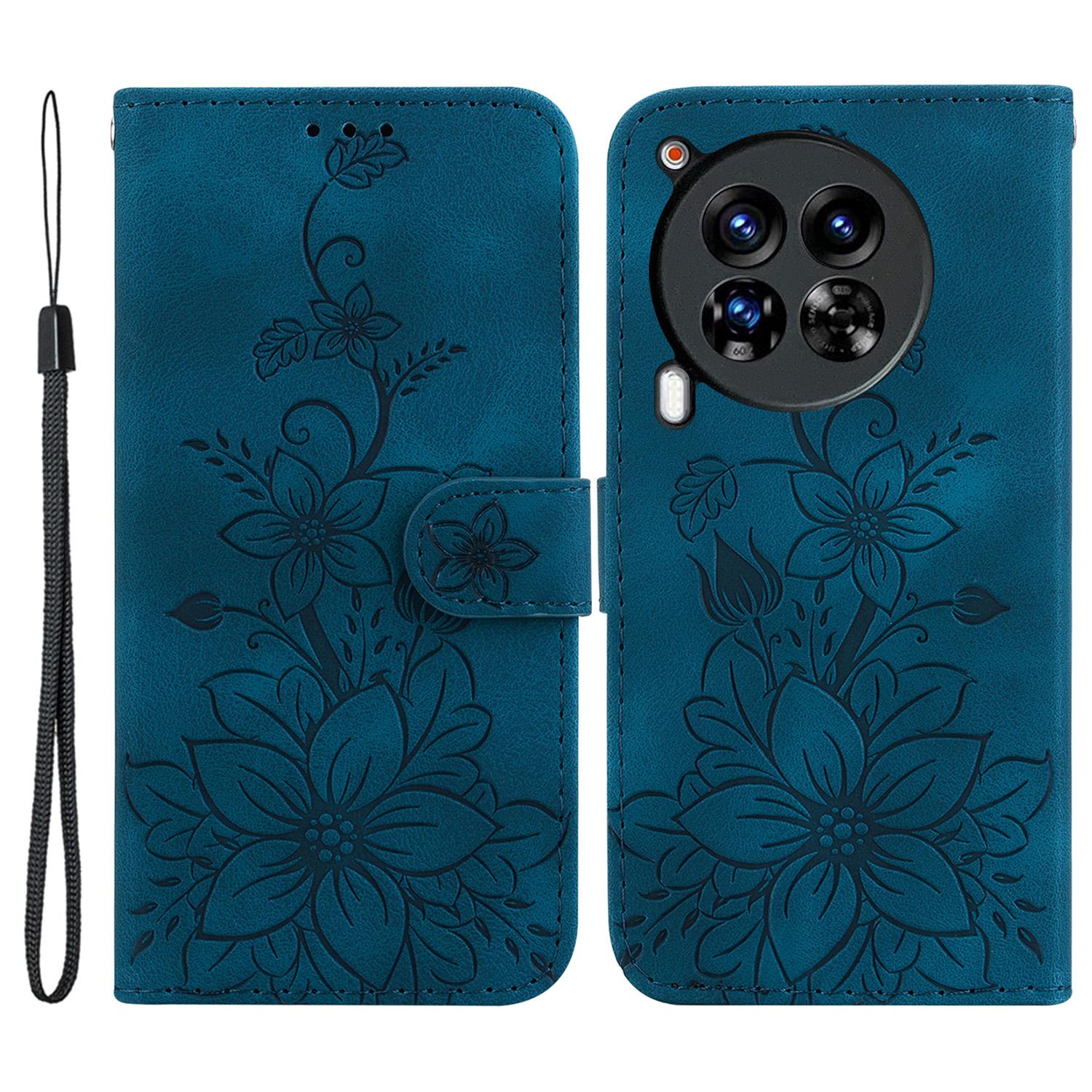 

For TECNO Camon 30 Premier 5G Wallet Case Lily Imprint Anti-Drop Leather Phone Cover Dark Blue