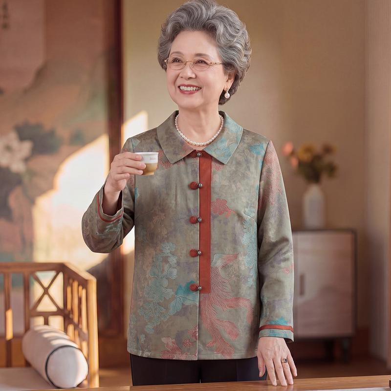 New Chinese Style Printed Stand Collar Shirt for Elderly Women XL