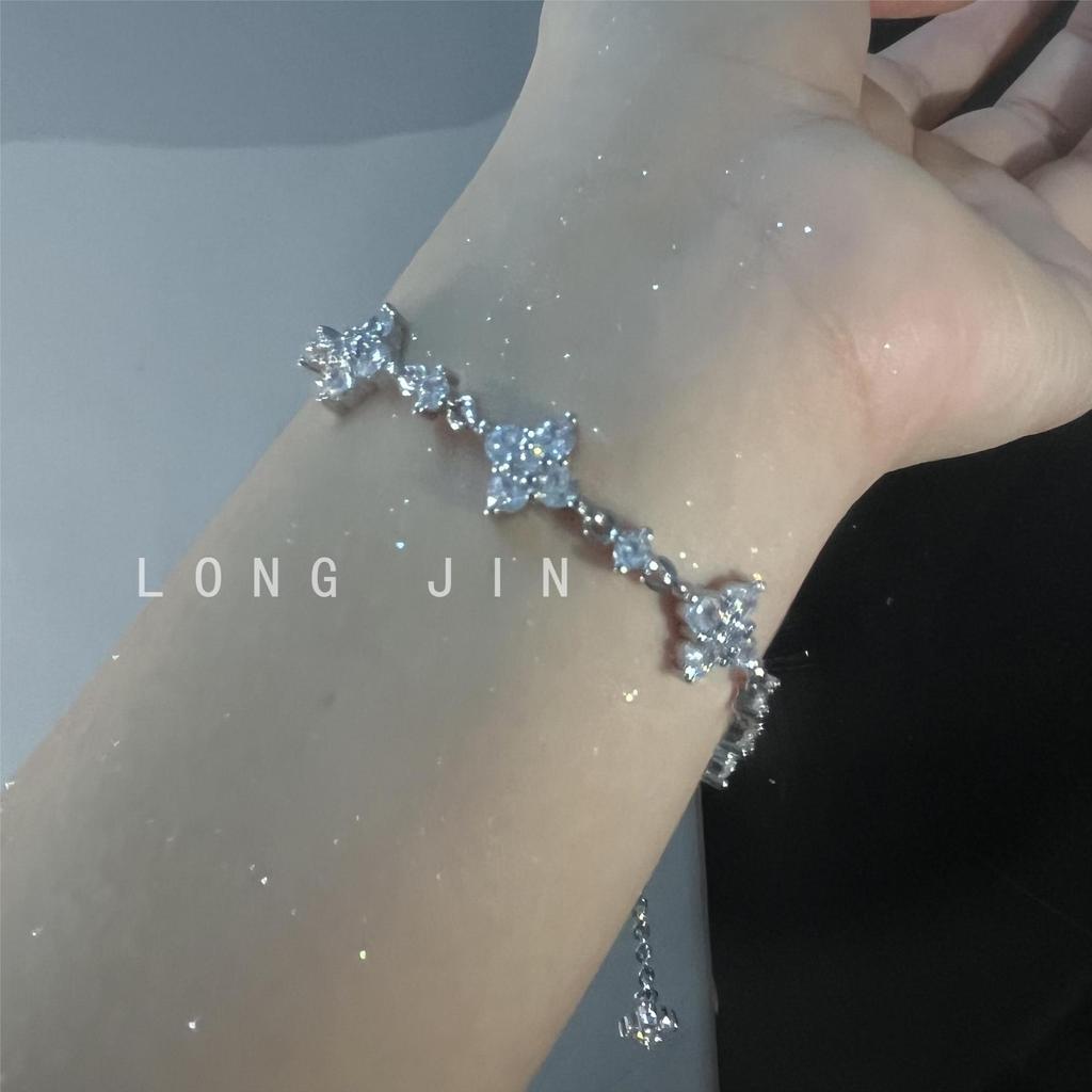 Laser Fritillary Full Diamond Four-Leaf Clover Brushed Bracelet Four-Piece Stacking Wear Explosive Light Luxury Premium Sense Pull-Up Jewelry