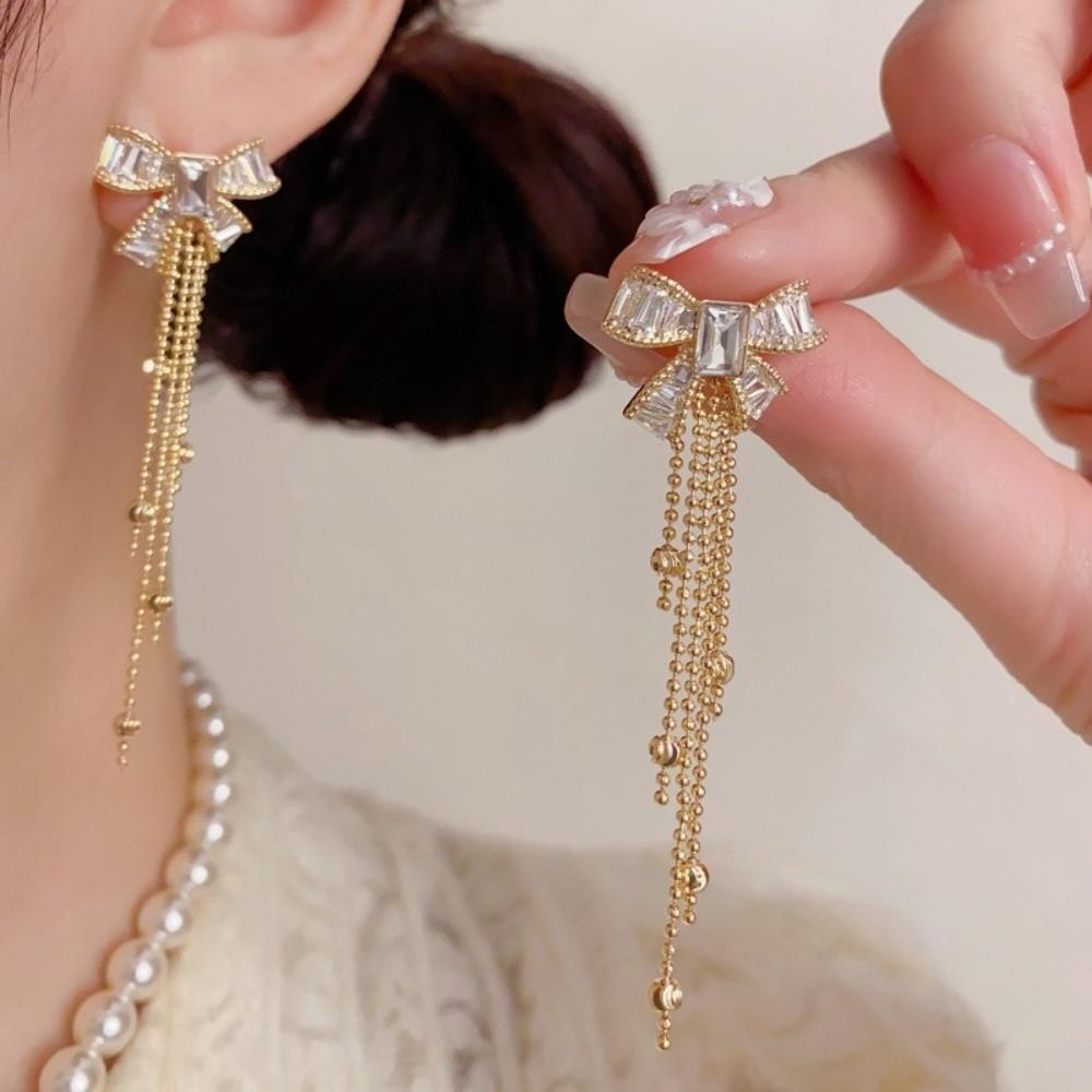 Fashion Long Tassel Butterfly Earrings Shiny Crystal Sweet Bowknot Tassel Earrings Zircon Drop Earrings Women Jewelry