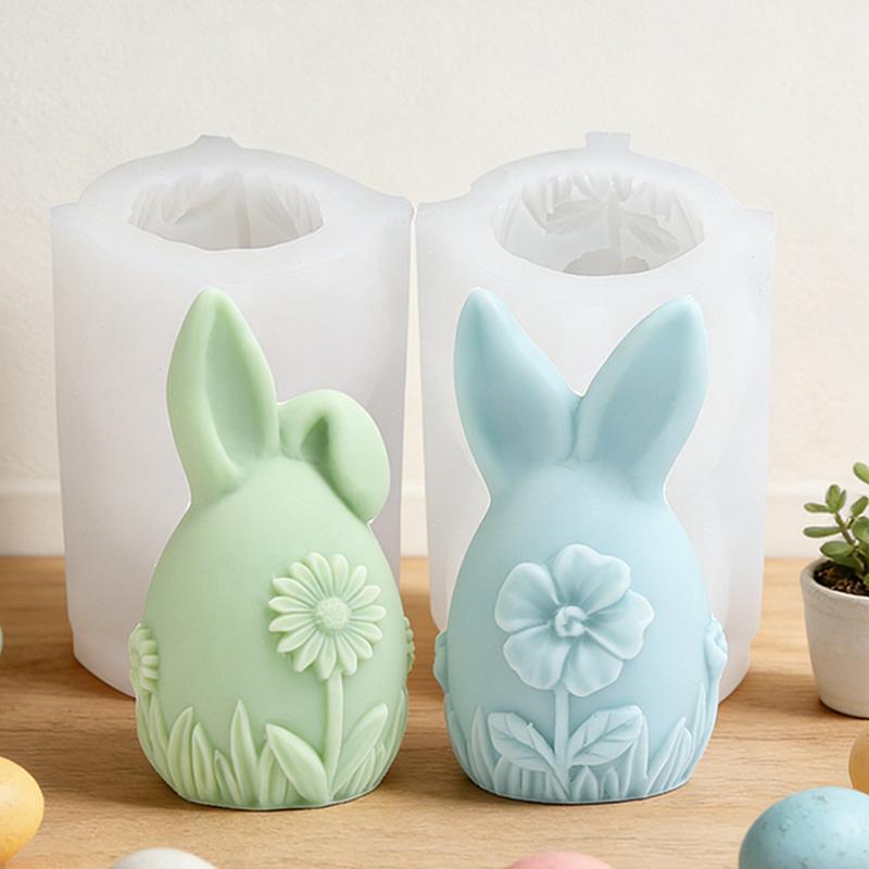 Niedliche 3D Osterhase Eiform Kerzenform DIY Blumengeprägte Tier Gips Dekorationswerkzeug Festivals Basteln Oster-Thema