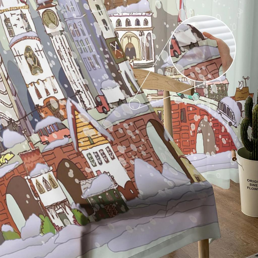 Christmas City Houses Building Castle Chiffon Sheer Curtains for Living Room Bedroom Decoration Window Voiles Tulle Curtain