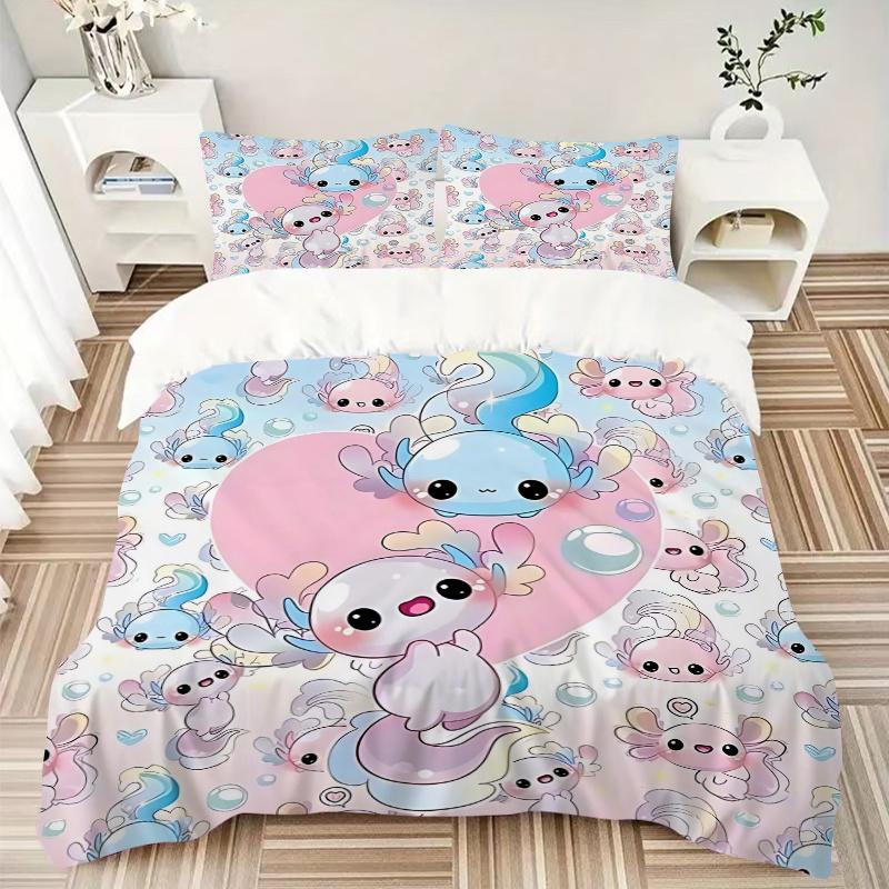 3pcs Axolotl Love Heart Bedding Set, Includes One Quilt Cover and Two Pillowcases (No Core), Cute Axolotl Design for Bedroom Decor