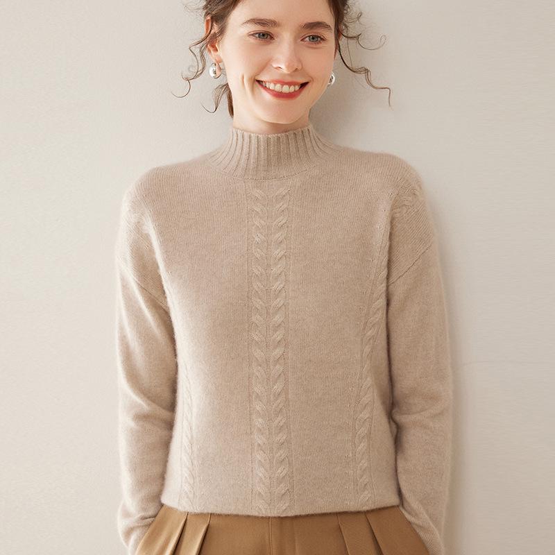 Damen Kaschmir Zopfmuster Pullover - Herbst/Winter 2024, Verdickter Sieben-Gauge Doppelgarn, Halbhoher Kragen Pullover.