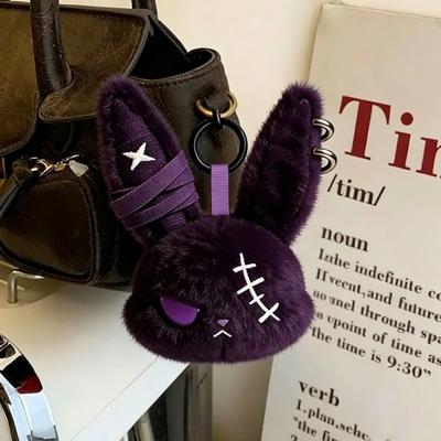 Gothic Bunny Plush Keychain Charm with Bandage Kawaii Key Ring Pendant Car Bag Ornament Halloween Gift Prank Toys