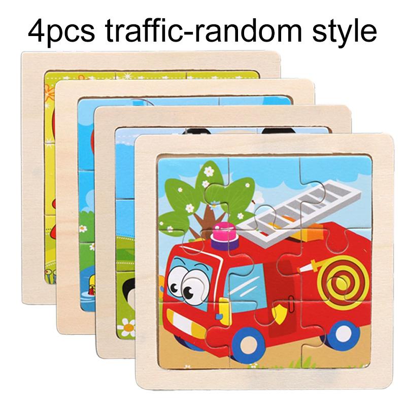 Set 4 Buc Puzzle Lemn Copii 11cm/4.33in Model Desene Animate Animal Vehicul Jucării Educative Montessori Jocuri Copii TMZ