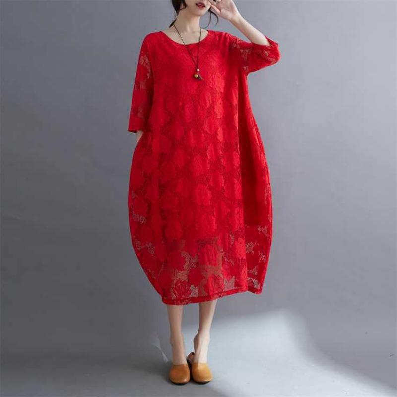 Summer Ethnic Style Lace Vintage Loose Dress Women Print Solid Color Round Neck Patchwork Pocket Long Sleeved Casual Versatile Dresses