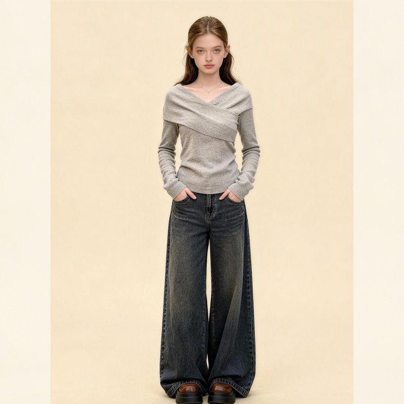 

2026 New Style High-End Elegant Gray Knitted Sweater and Denim Pants Two-Piece Set for Women in Spring Gray Sweater S
