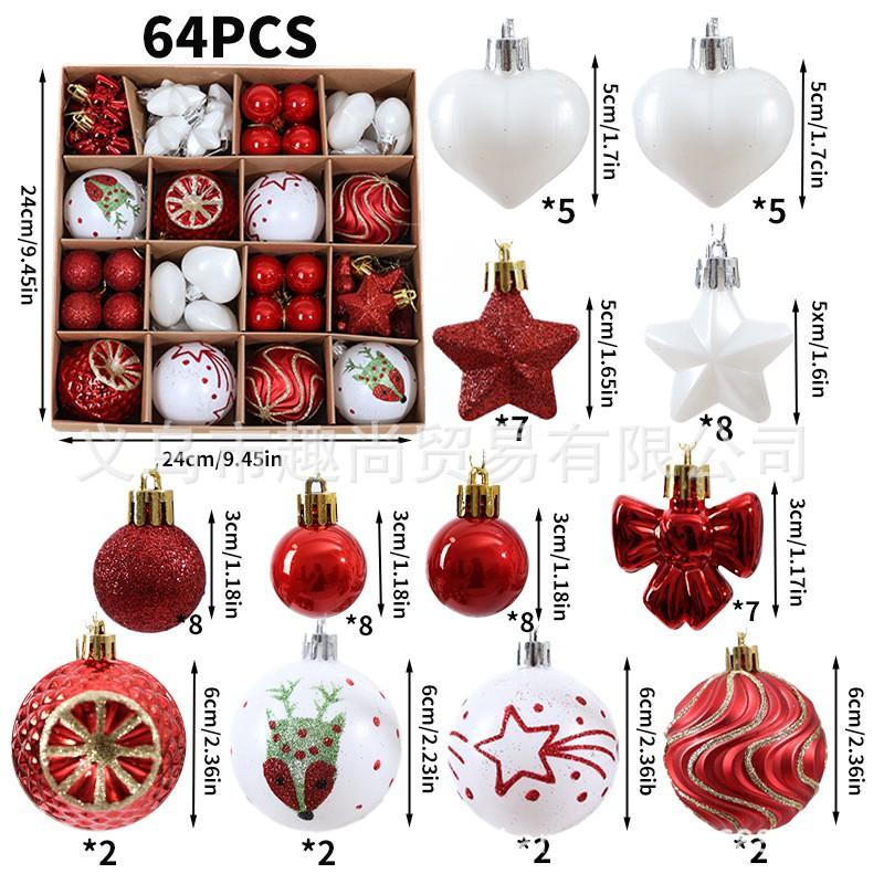 64pcs Christmas Ornament Set - Painted Ball Decorations Tree With Star Heart Bow Design
