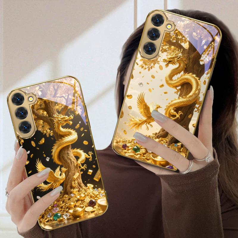 Lucky Dragon Diagram For Samsung Galaxy S20 FE S21 S22 Ultra 23 Plus 24 Ultra 25 Ultra S21+ S9+ 22Plus Golden Glass Phone Case