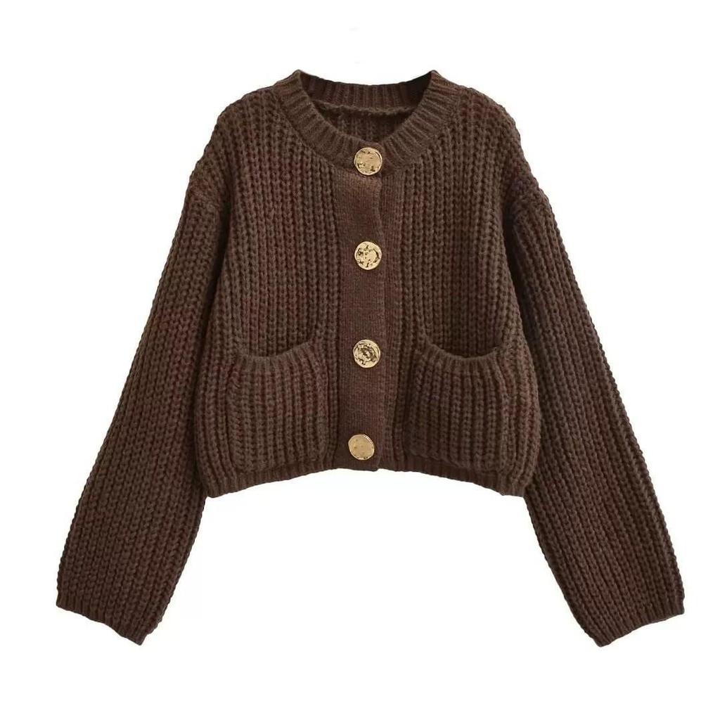 European Casual Women's Solid Color Round Neck Cardigan Sweater - Loose Knit Long Sleeve Top
