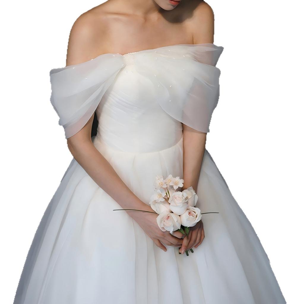 Korean Simple Organza One-word Shoulder White Wedding Dress Tube Top Thin Covering Arms Bride Wedding Trailing Dress Skirt