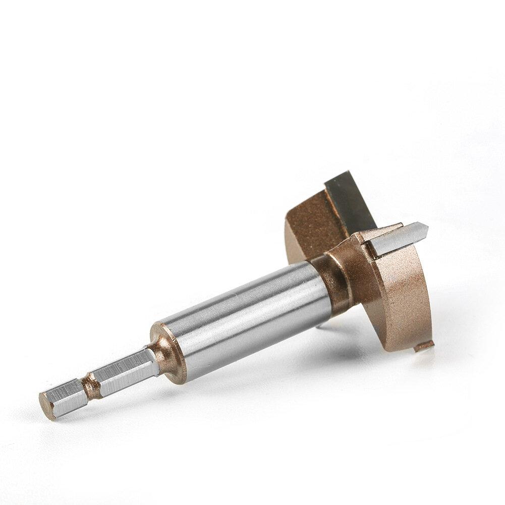 10mm to 50mm Professional Hexagonal Shank Woodworking Hinge Boring Bit Tungsten Carbide Blade Three-Tooth Double Blade Design