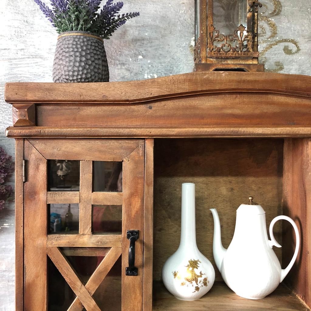 Rustic wooden wall cabinet with drawers and hooks