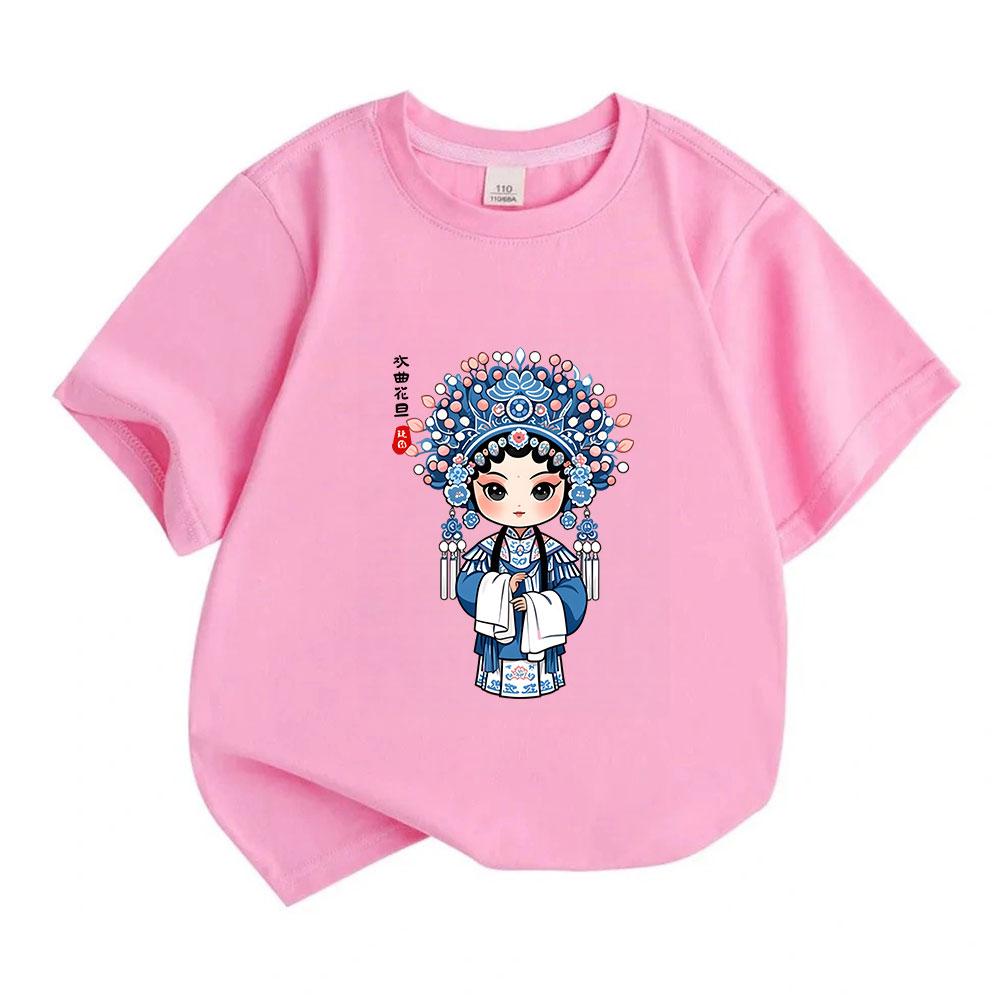 Kids Boys Girls 100% Cotton Crew Neck Short Sleeve T-Shirt, Cute Chinese Opera Hua Dan Q Version Cartoon Graphic Casual Soft Tee for Daily Wear
