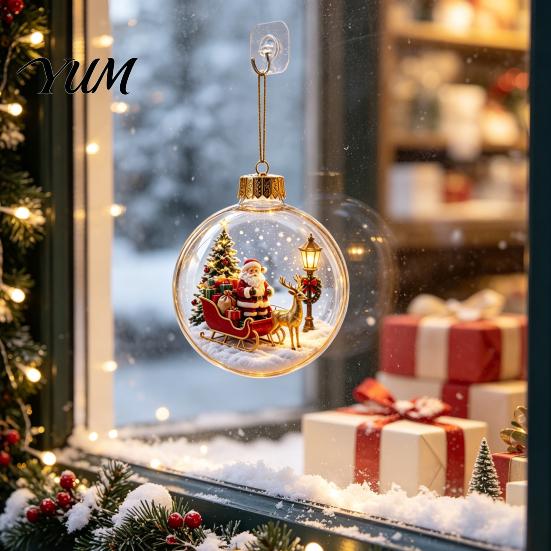 Transparent Christmas Tree Decor 3D Acrylic Faux Crystal Ball Ornament, Lighted Reindeer Sleigh Luminous Ornaments Snow Scene Hanging for Tree,