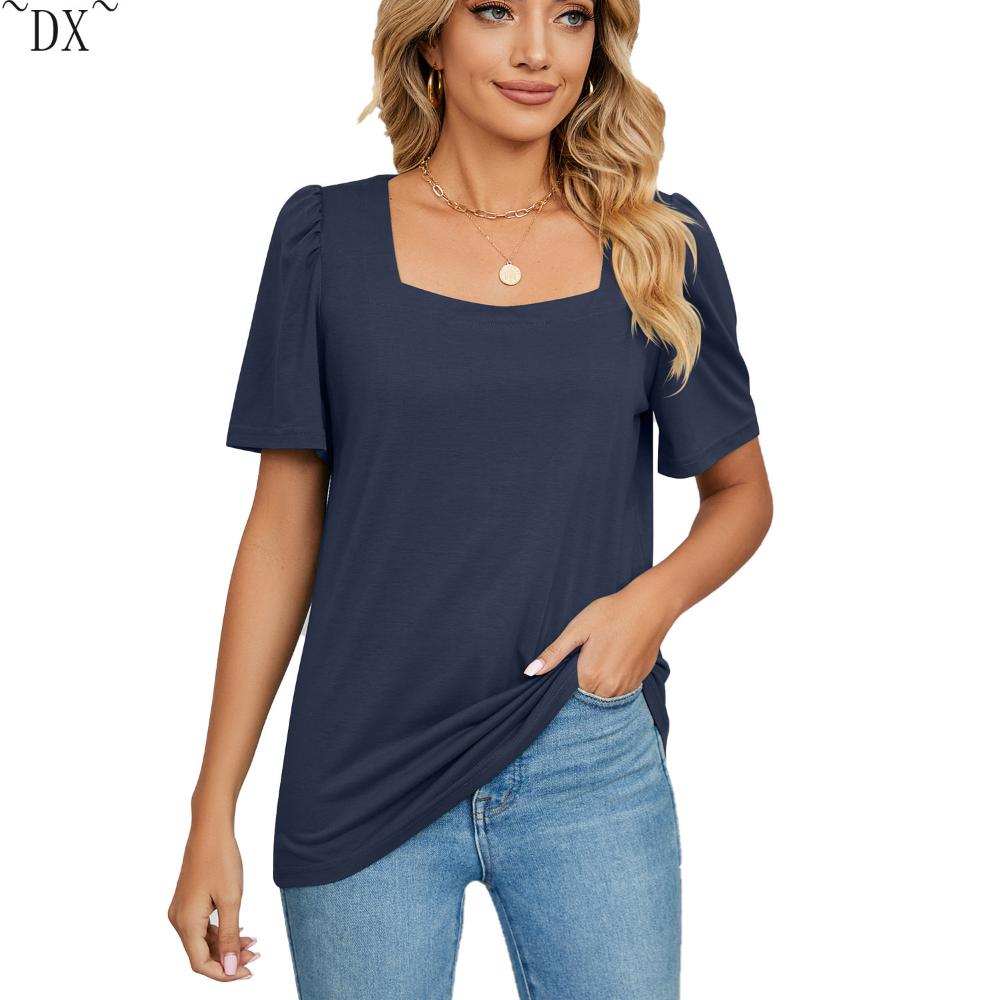 DX~~ Весенне-летняя новая однотонная свободная футболка с квадратным воротником — фото 26