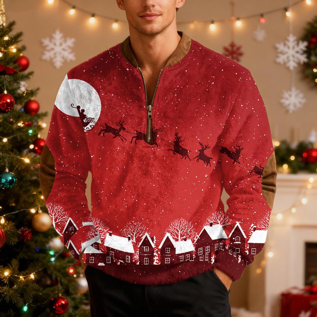 Mens Christmas Zip Up Sweatshirts Xmas Stand Collar Pullover Tops