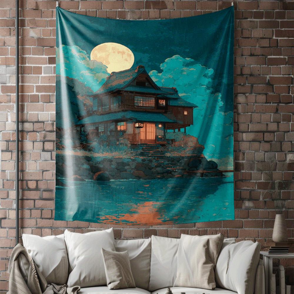 

Moonlit Waterfront House Digital printing polyester wall tapestry suitable for use in living rooms bedrooms offices bars party 74x94cm(29x37in)