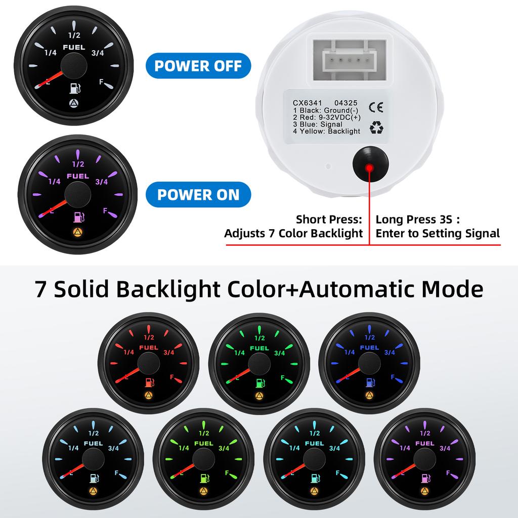 7 Color Backlight 52mm Fuel Level Gauge With Flashing Alarm 0-190ohm 240-33ohm 0-90ohm Oil Tank Meter Digital pointer Gauge