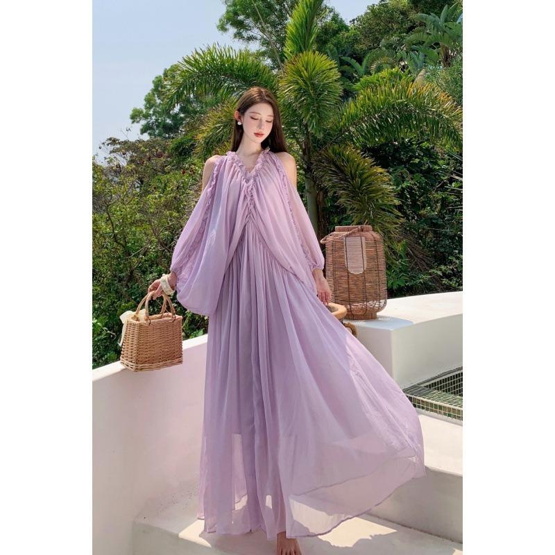 French Romantic Fairy Dress Fairy Fluttering Temperament Gentle Fairy White Off-the-shoulder Dress Seaside Vacation