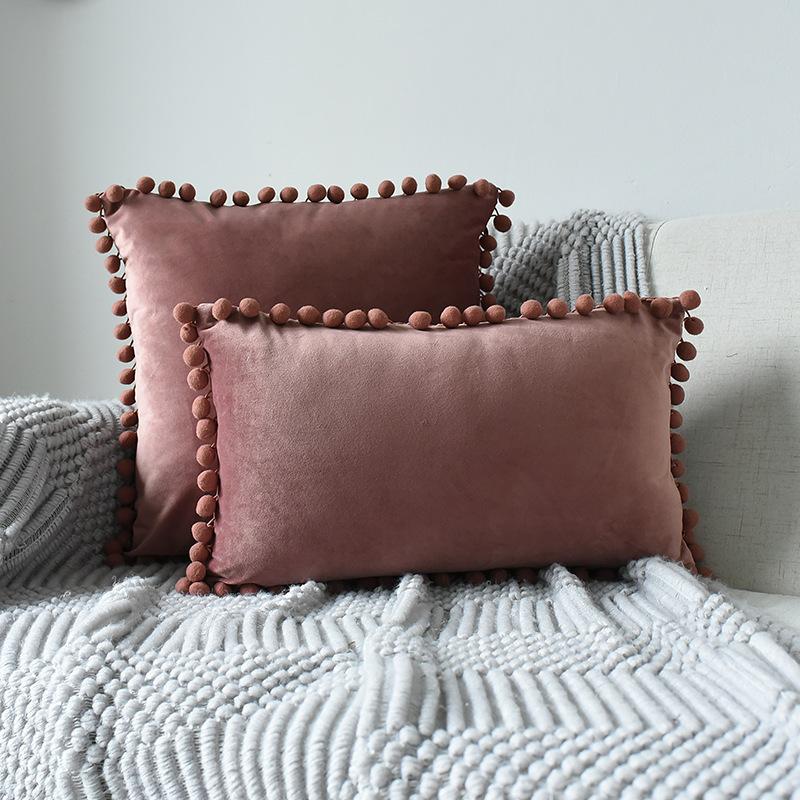 Inyahome Solid Color Velvet Throw Pompom Pillow Covers Pillowcase for Home Decor Sofa Living Room Bed Couch Farmhouse Outdoor