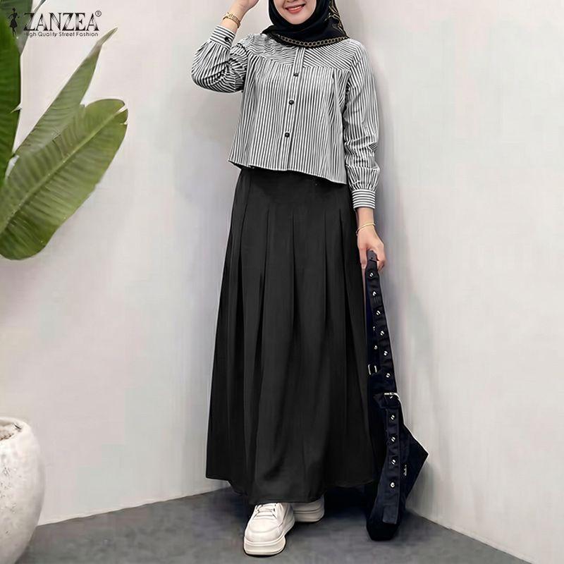 ZANZEA Women Long Sleeve Stripe Blouse and Long Skirts Casual Two Piece Suit Sets