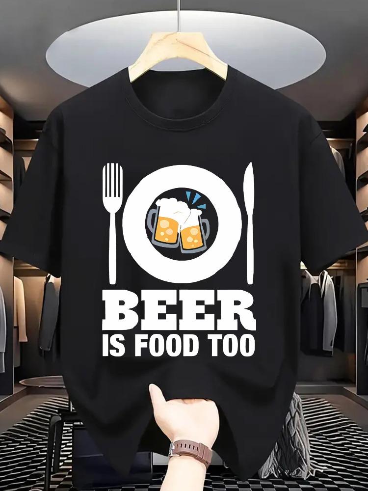 Unisex O Neck Tee Beer Tableware Letter Print Cotton Short Sleeve Loose Summer Street Breathable Daily Casual Basic Wear Top