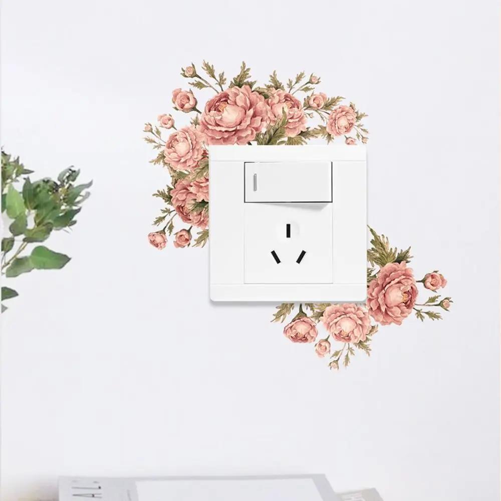 Creative Rose Daisy Peony Flowers Leaves Green Plant Wall Switch Stickers PVC Light Plugs Switches Plant Decals Home Decor Gifts
