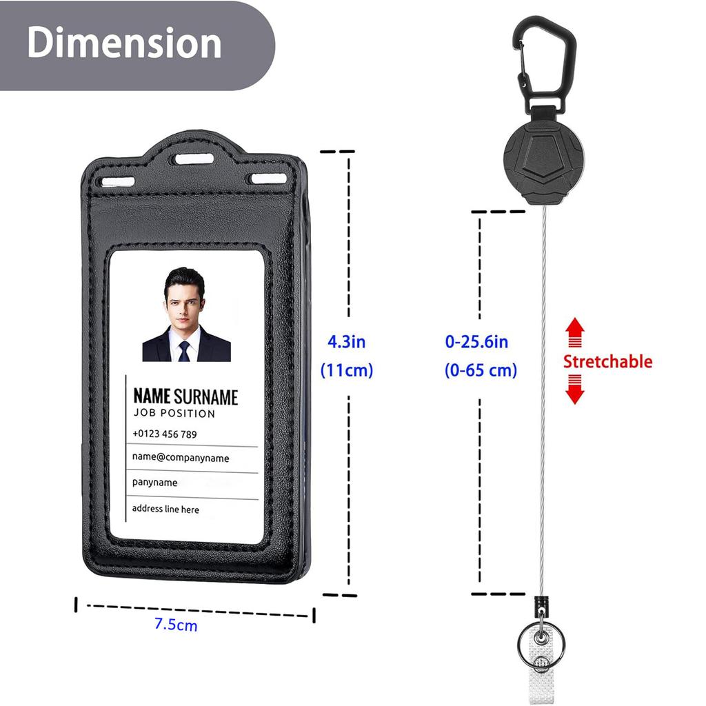 Retractable Reel Heavy Duty Carabiner Leather Card Badge Holders and Clear ID Window for Office Staffs Student Teacher Couriers