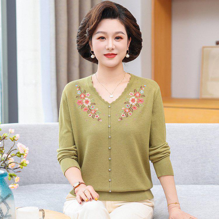 V-Neck Embroidered Knit Cardigan for Mature Women - Spring/Autumn Mother s Top 2XL