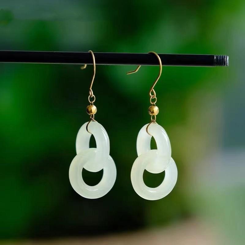 

925 Sterling Silver Jewelry Vintage Natural Jade Interconnect Drop Earrings for Women Wedding Party Jewelry for Girl Friend Gift Silver Plated