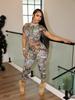 TW830 Fashion Printed Two-Piece Set: Half-High Collar Crop Top & Hip-Lifting Long Pants