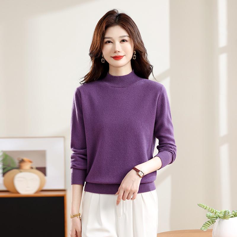Women's Pure Wool Half-High Collar Sweater - Autumn/Winter Solid Color Loose Warm Pullover Base Layer