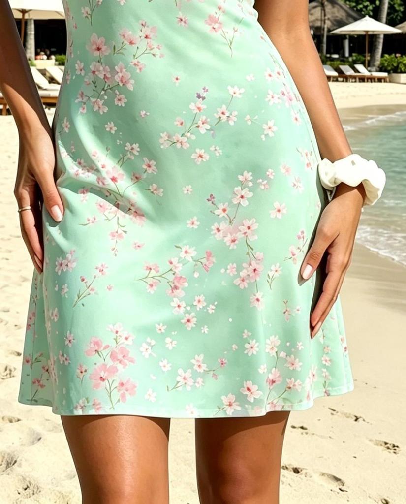 2026 Summer One Shoulder Cherry Blossom Print Mini Dress, Mint Green Slim Beach Sundress