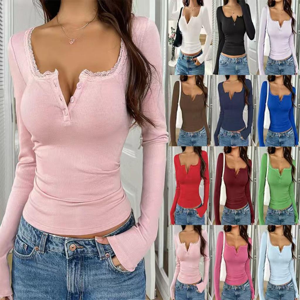 Women's V Neck Long Sleeve Ribbed Top Slim Fit Elegant Solid Crop Top With Lace Button Trim