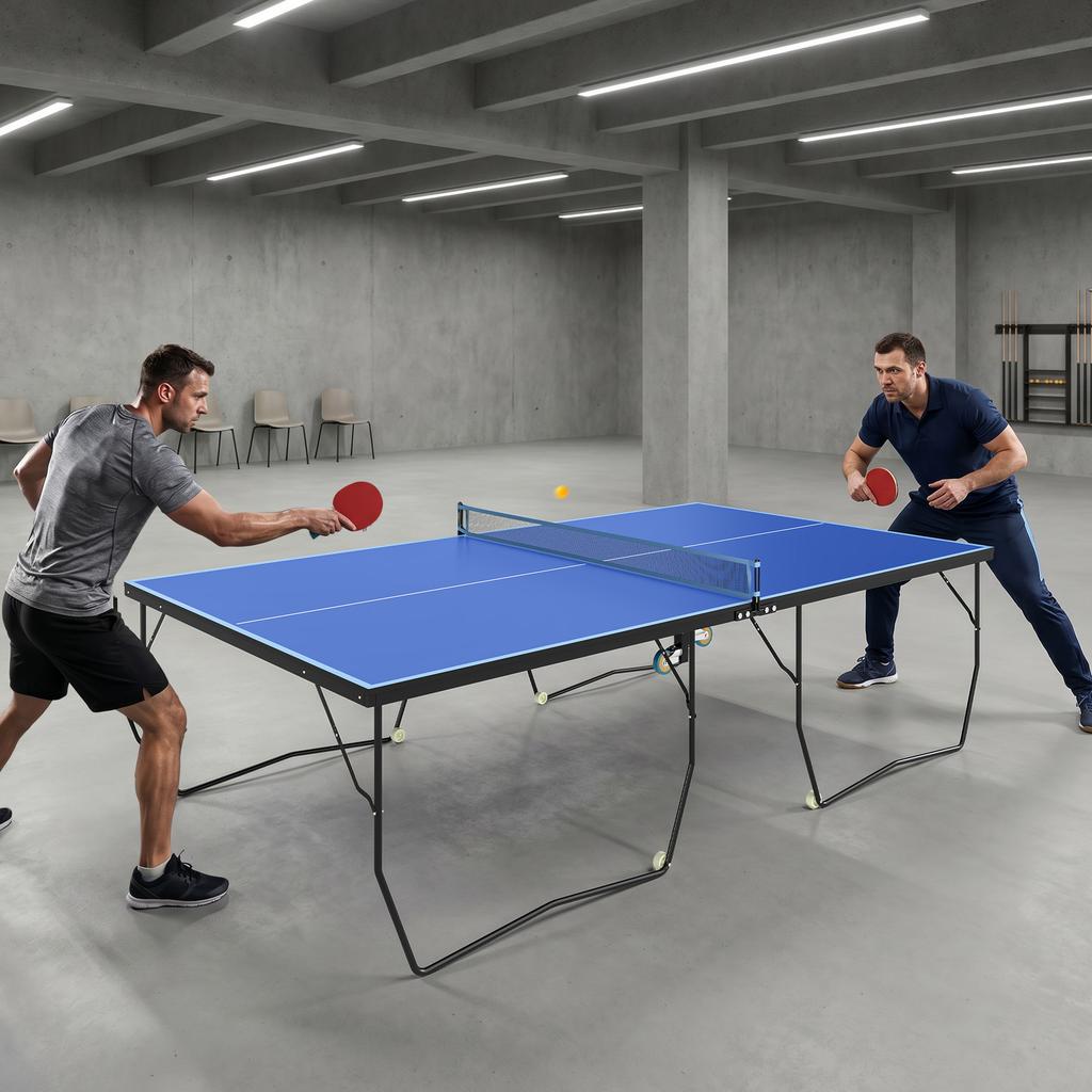 9FT Folding Tennis Table, with 8 Wheels, for Indoor Use, Blue