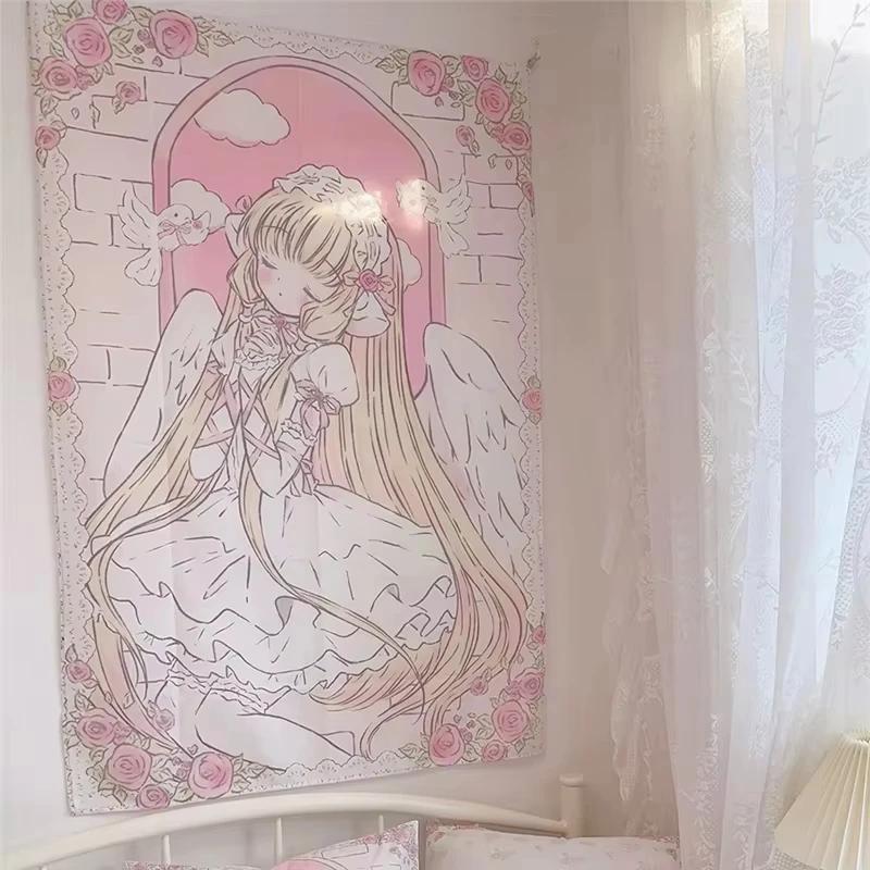

Angel Girl Tapestry Pink Gold Lace Dove Arch Anime Style Bedroom Ins Home Decoration 74x94cm(29x37in)