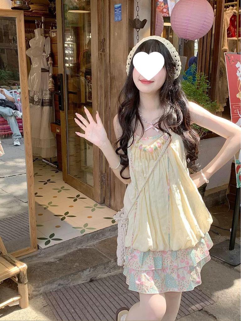 Island Style Tulip Dress with Pink and Green Floral Patchwork, Ruched Straps, Loose Fit - Women's 2025 Model