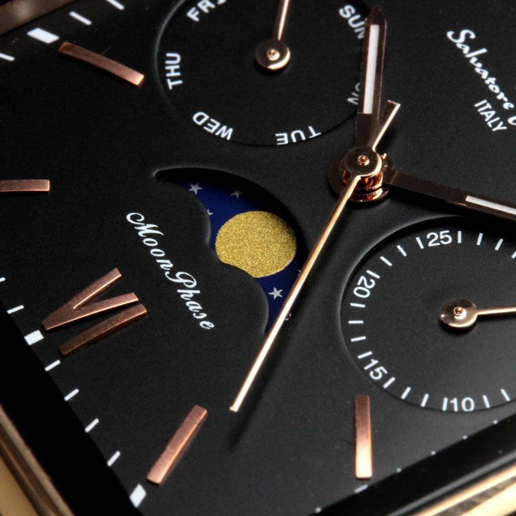 Salvatore Marra Square Moon Phase Watch with Water Business Leather Limited Pink Camel Men's Multi-Calendar, Resistant, Style, Strap, Edition, Gold,