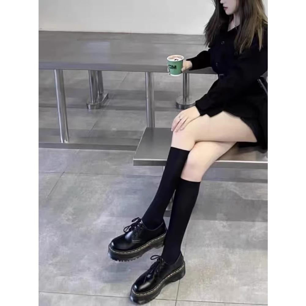 Autumn New Fashion Black Round Head Lace-up Solid Color Womens Loafers Casual Thick Soled Leather Women's Thick Soled Shoes